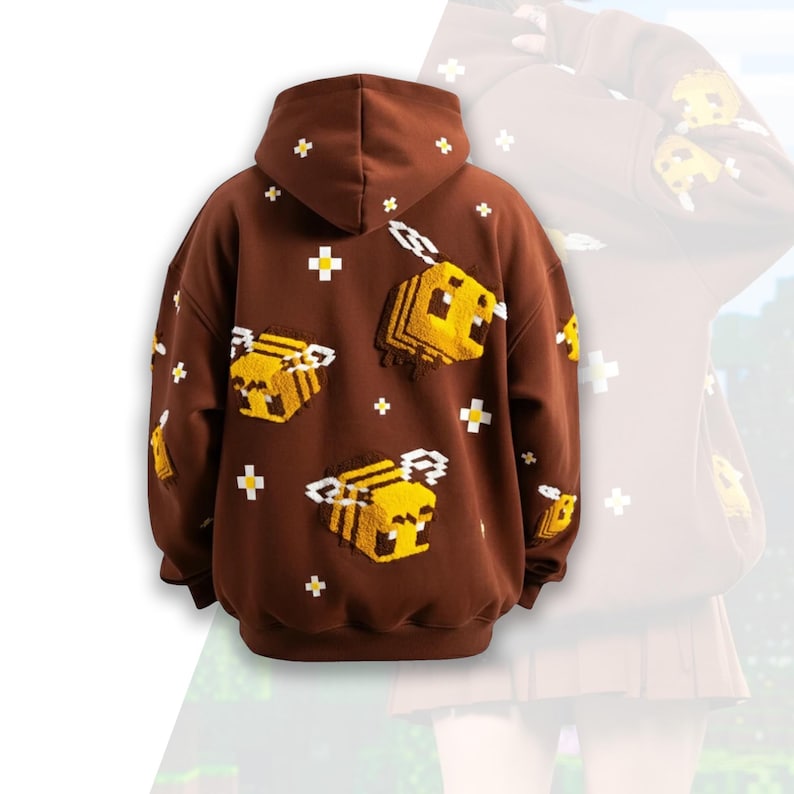 3D Embroidered Brown Pixel Bee Hoodie
