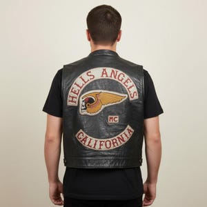 May include: Black leather vest with the "Hells Angels" logo patch on the back. The patch features a winged skull and the words "Hells Angels" and "California". The vest is worn over a black t-shirt.