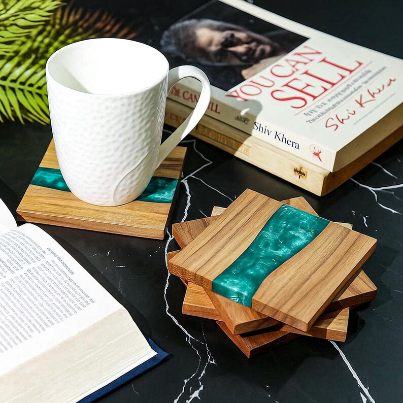 Acacia Wood Resin Coasters Square Cup Coasters - Set of 4 Farmhouse ...