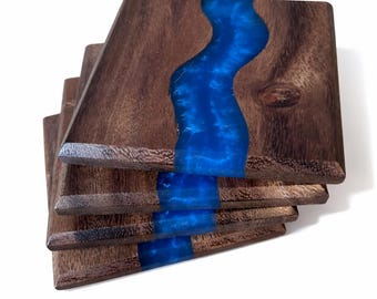 Walnut Wood Epoxy Resin Coaster, Square Farmhouse Style