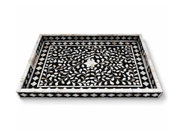 Mother of Pearl Inlay Floral Tray, Handmade Serving Coffee Table Decor
