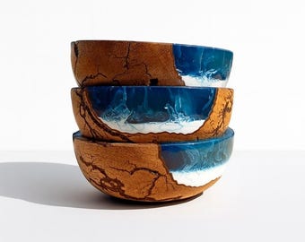 Ciotola artigianale in legno di acacia e resina epossidica, arte delle onde oceaniche, decorazioni costiere