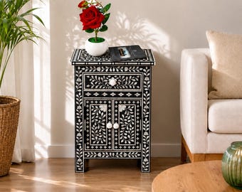 Handmade Mother of Pearl Inlay Bedside Table, Floral Nightstand Cabinet, Handmade Bedroom Storage 3 Drawer Nightstand