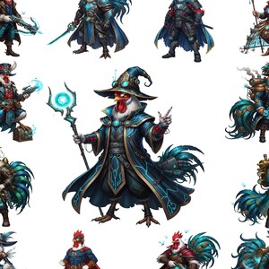 22 Steampunk Rooster Clipart PNG Bundle | Fantasy Chicken Characters | Rooster Warrior & Mage Digital Art