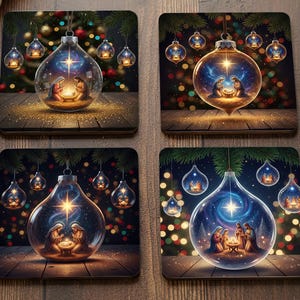 Nativity Christmas Coaster Set | Holy Family Ornament Art | Christian Drink Coasters | Christmas Decor Gift | 4-Pack