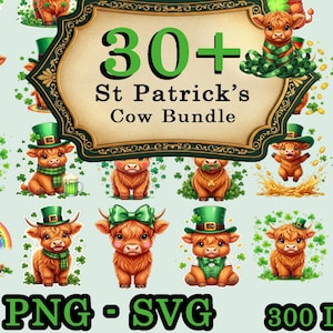 30+ St Patrick’s Day Highland Cow PNG SVG Bundle – Lucky Irish Cow Clipart – Shamrock Sublimation Files 300 DPI
