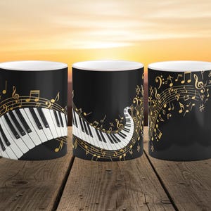 音楽ピアノノートマグラップPNG – ブラック＆ゴールドミュージカルコーヒーカップデザイン – 11オンス/15オンス昇華 – 音楽愛好家へのエレガントなジャズギフト