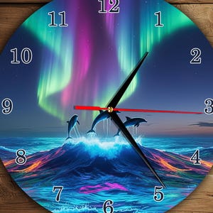 Relógio de parede Aurora Dolphins PNG – Mostrador de relógio com aurora boreal e oceano – Design redondo de céu noturno fantástico – Download digital
