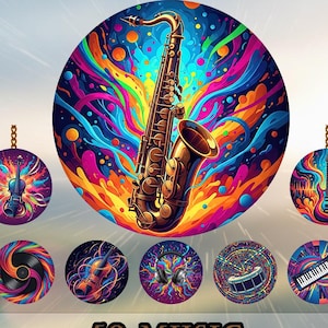 50枚のミュージックカーコースターPNGバンドル – カラフルなDJ＆楽器昇華デザイン – 丸型オートカップホルダーコースター – 300 DPI