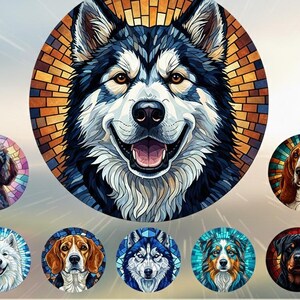 40 Dog Breeds Car Coaster PNG Bundle – Fused Glass Style Dog Art – Round Car Coaster Designs – 300 DPI Sublimation PNG