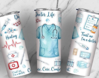 Doctor Life Tumbler Wrap PNG – Watercolor Medical Stickers – Stethoscope, Scrubs, Syringe, Pills – 20oz Skinny Sublimation Design