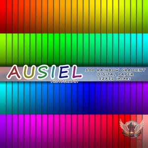 May include: A colorful digital paper design featuring a rainbow gradient pattern. The image includes the text "AUSIEL PHOTOGRAPHY" and details about the paper: "100 RAINBOW GRADIENT DIGITAL PAPER 12x12 inches."
