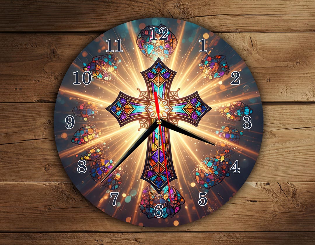 Stained Glass Cross Wall Clock PNG – Radiant Christian Clock Face ...