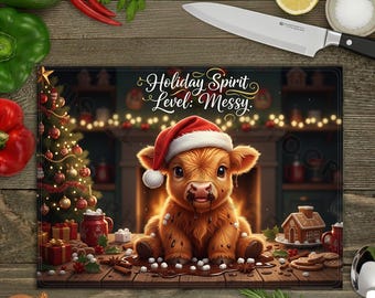May include: A rectangular cutting board with a festive holiday theme. It features a brown calf wearing a Santa hat, with the text "Holiday Spirit Level: Messy." The background includes a Christmas tree and a fireplace.