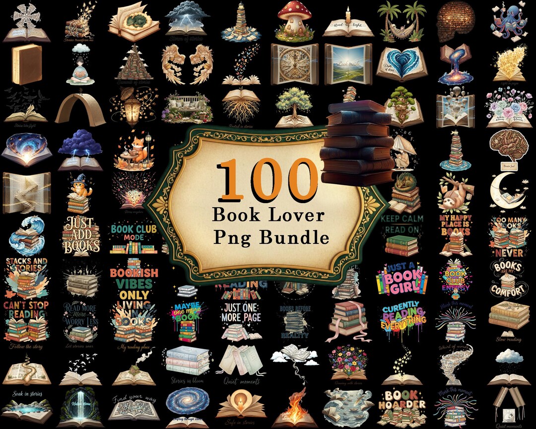 100 Book Lover PNG Bundle – Reading Quote & Fantasy Book Clipart Set ...