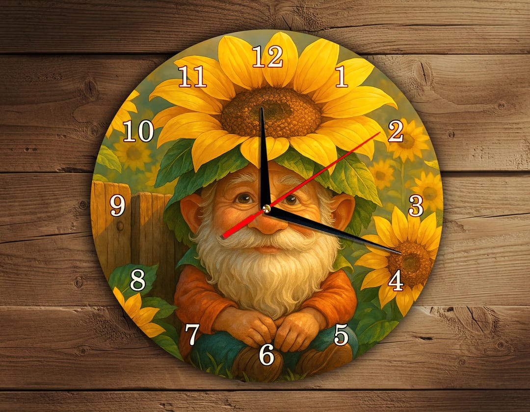Sunflower Gnome Wall Clock Design – Garden Clock Face PNG – With ...