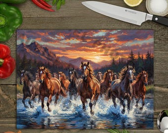 Tabla de cortar de cristal con caballos salvajes (PNG), escena de atardecer en la montaña, decoración de cocina estilo western, archivo de sublimación de alta resolución, 16x12 y 11x8 pulgadas