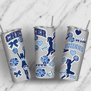 Cheerleading Tumbler Wrap PNG – Blue & White Pom Pom Cheerleader Design – Sport Spirit WIN Cheer Sublimation 20oz Skinny Template