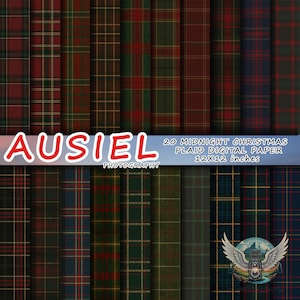 May include: A selection of 20 Midnight Christmas plaid digital papers, showcasing diverse tartan designs. The patterns incorporate shades of red, green, gold, and navy blue. Each paper measures 30.48 x 30.48 cm, ideal for digital crafting and design applications.