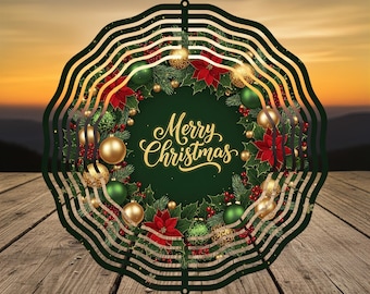May include: A decorative Christmas wreath with a dark green outer frame and a central design. The wreath features gold and green ornaments, red poinsettias, and the words "Merry Christmas" in gold script. The background is a sunset.