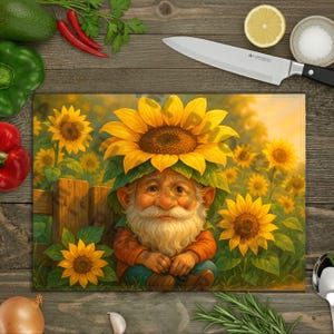 Puede incluir: Una tabla de cortar rectangular con una ilustración caprichosa de un gnomo de jardín con un sombrero de girasol, rodeado de girasoles. El gnomo tiene una larga barba blanca y viste ropa naranja y azul. El fondo es una escena de jardín soleada.