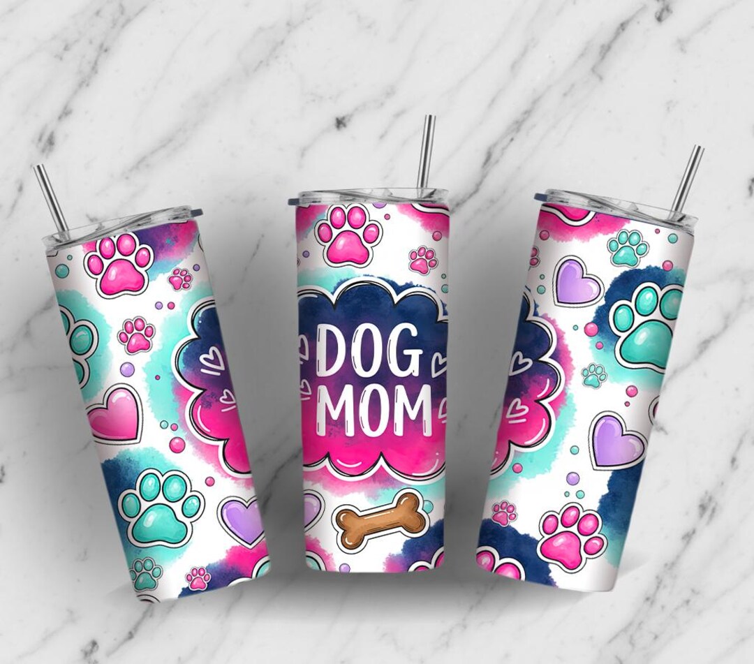 Dog Mom Tumbler Wrap PNG – Cute Paw Print & Hearts Design – 20oz Skinny ...