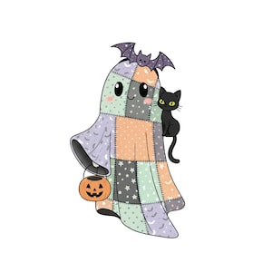 May include: A cartoon ghost with a patchwork design in pastel colors, holding a jack-o'-lantern. A black cat sits on the ghost's shoulder, and a bat rests on its head. The ghost has a friendly expression, perfect for Halloween.