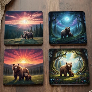 Bear & Cub Forest Square Coaster Set | Wildlife Drink Coasters | Sunset - Moonlight Nature Art | Rustic Cabin Decor | 4-Pack