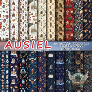 May include: A collection of 20 wizard-themed Christmas digital papers, each 12x12 inches. The papers feature various patterns with magical elements, including castles, owls, and festive decorations. The image includes the text "AUSIEL PHOTOGRAPHY".