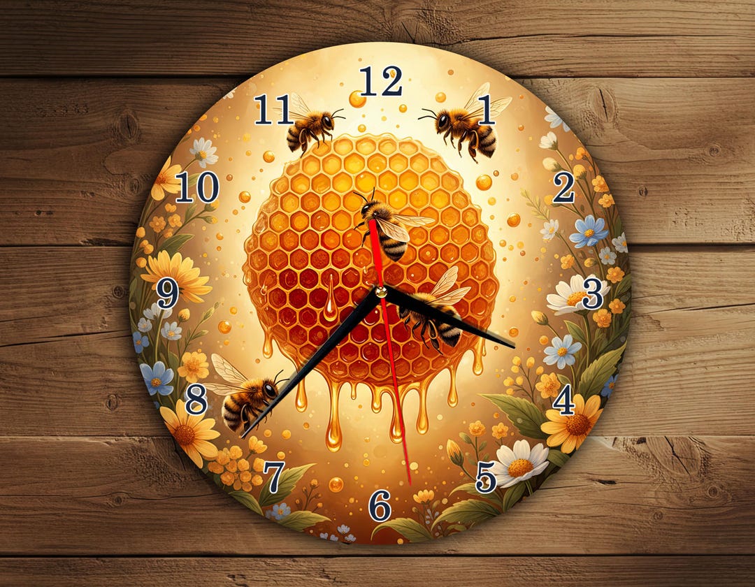 Bee Clock Vector Honey Bee Wall Clock PNG – Honeycomb Clock Face Design – Bees & Floral ...