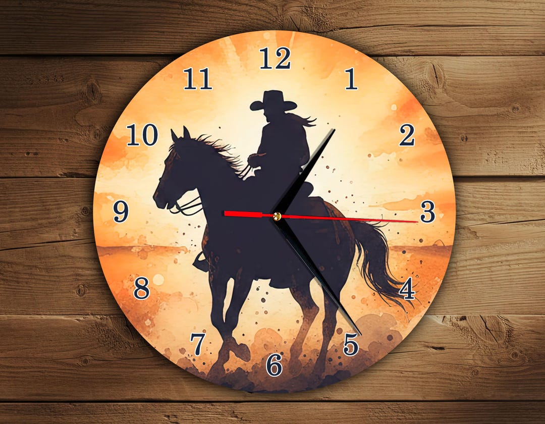 Western Cowboy Wall Clock PNG – Sunset Horse Rider Clock Face – Rustic ...