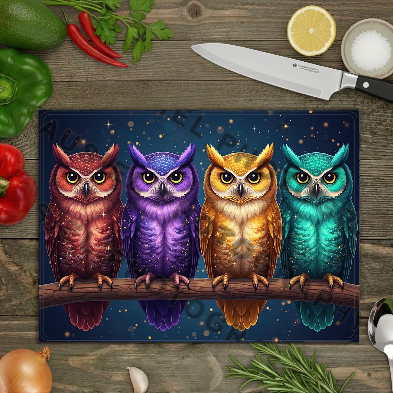 Colorful Owls Glass Cutting Board PNG, Cute Night Forest Kitchen Art, Rainbow Owl Sublimation Design