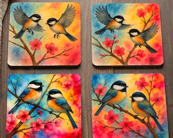 Watercolor Bird & Cherry Blossom Square Coaster Set | Colorful Spring Bird Art Drink Coasters | 4-Pack Vibrant Nature Decor