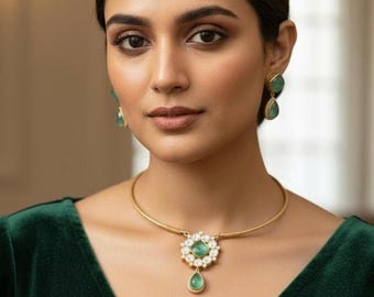 Teal Kundan Necklace Set | Gold Finish Polki Indian Jewelry