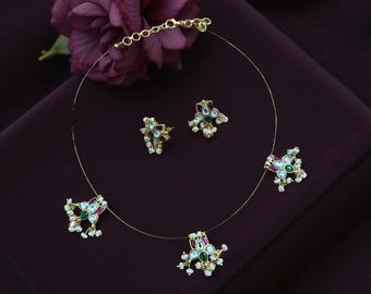 Invisible Kundan Necklace Set with Pearl Drops | Minimal Indian Jewelry | Floating Necklace & Stud Earrings |