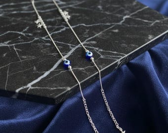 Silbernes Fußkettchen mit dem bösen Blick | Zarter Nazar-Anhänger, verstellbare Kette