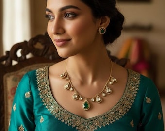 Emerald Green Teardrop Necklace Set | Gold Tone Statement Necklace with Matching Earrings | Indian Wedding Jewelry | Bridal& Festive Jewelry