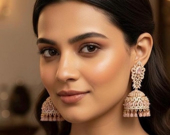 Rose Gold Pastel Pink Teardrop Jhumka Earrings | Indian Bridal Wedding Jewelry
