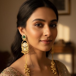 May include: Gold-coloured dangle earrings with a teardrop-shaped green gemstone at the top. The earrings feature an oval design with floral and beaded accents, and a long chain of small gold beads. The earrings are a statement piece.
