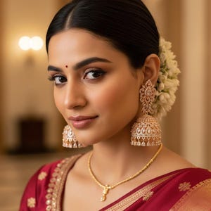 May include: A woman wearing gold-colored, ornate chandelier earrings and a matching necklace. She is wearing a maroon sari with gold embroidery. Her hair is styled in a bun, adorned with white flowers.