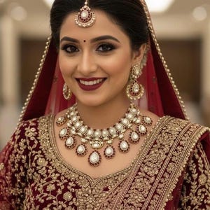 May include: A woman wearing a maroon and gold embroidered wedding outfit. The ensemble includes a matching headpiece, earrings, and a statement necklace. The outfit features intricate gold embroidery and a maroon veil.