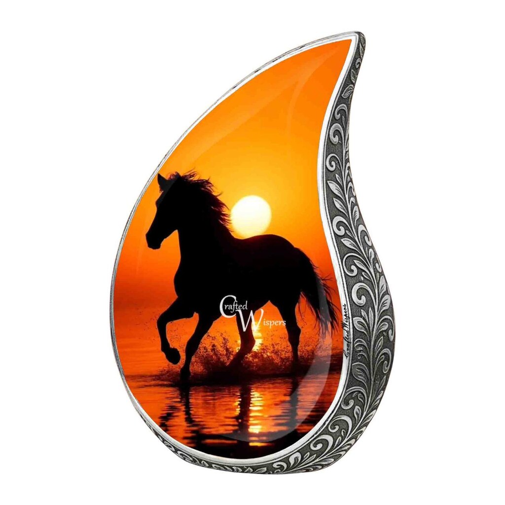 Urna Cineraria Commemorativa In Alluminio Con Cavallo E Arte Del Fuoco - Alta 25,9 Cm - Capacità 200 Cu In