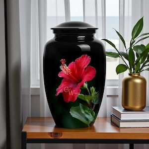 Rode bloem crematie-urn, hibiscus-urn voor as, zwarte bloemen herdenkingsurn, elegante aandenken-urn, liefdeshulde-urndoos voor menselijke as