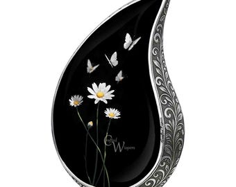 Urna med prästkrage, fjärilsurna, blomsterurna för aska, hyllningsurna för kvinnor, vit prästkrageurna, elegant urnalåda med tårformad form