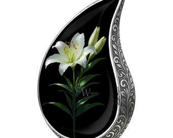 White Lily Cremation Urn, Teardrop Memorial Urn, Elegant Floral Ashes Urn, Sympathy Gift, Tribute Keepsake, Loss of Loved One Remembrance