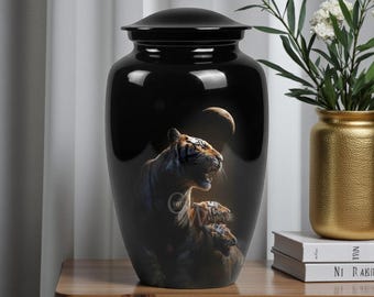 Tiger Family Cremation Urn, Wildlife Memorial Urn for Ashes, Moonlit Tiger Tribute Urn, Strength Symbol Urn, Nature Animal Keepsake Urn Box