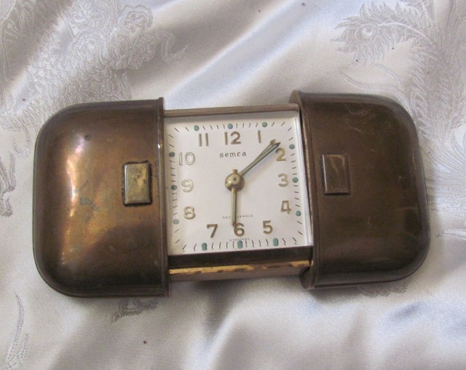 Vintage Semca Travel Alarm Clock in Closeable Brass Case Seven 7 Jewels