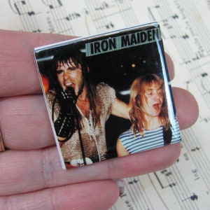 Bruce Dickinson Dave Murray Iron Maiden Rock Band -  Square Button Lapel Pin - New Old Stock - Many others to choose from in my shop!!