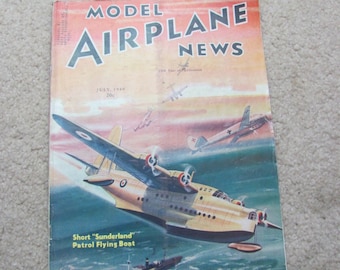 Noticias de aeromodelismo // Revista vintage, julio de 1940, hidroavión Sunderland // Juguetes militares, kits, anuncios, motores, aviación, aviones de guerra