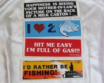 Vintage Bumper Sticker Decal - Circa 1985 // Full of Gas. Love 2 Fish, Milk Carton, Rather Be Fishing // Your Choice - Many more!